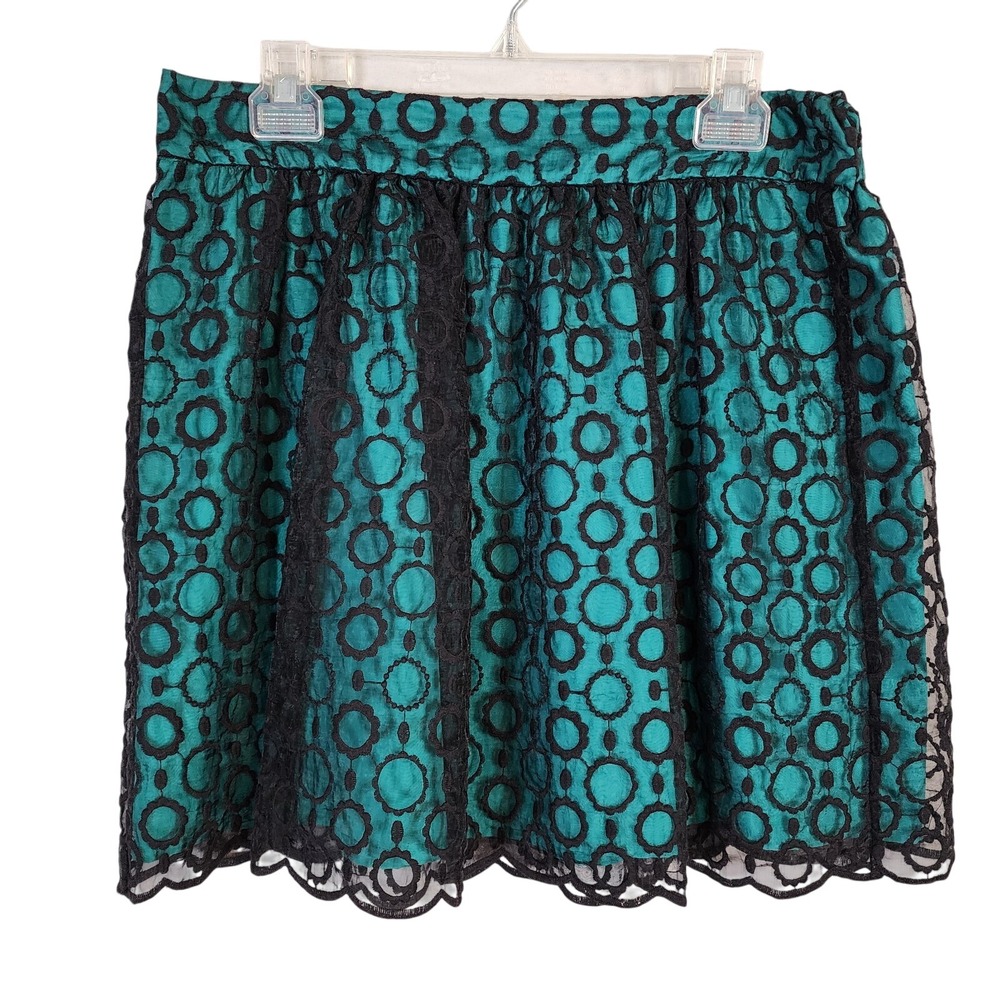 KENSIE Size Medium Black Lace Overlay Teal Green Geometric Pull On Mini Skirt